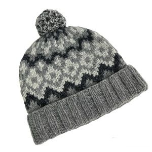 BONOBOS 100% Shetland Wool Fair Isle Beanie Hat NEW Gray With Pom